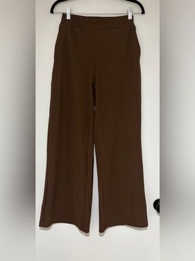 Zenana Women’s Brown Ribbed Wide Leg Pants Size Small Elastic Waist Pockets